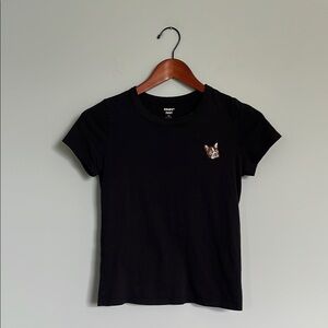 Aritzia Sunday Best Crewneck Fitted Black T-Shirt w Bulldog Embroidery Patch XS